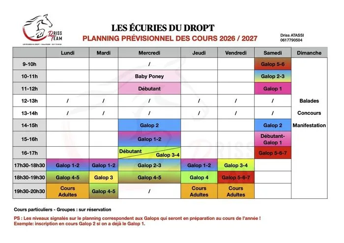 Planning des cours aux écuries du Dropt